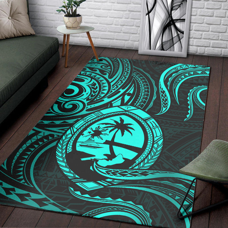 Polynesian Guam With Polynesian Tribal Tattoo and Coat of Arms Area Rug Turquoise Version