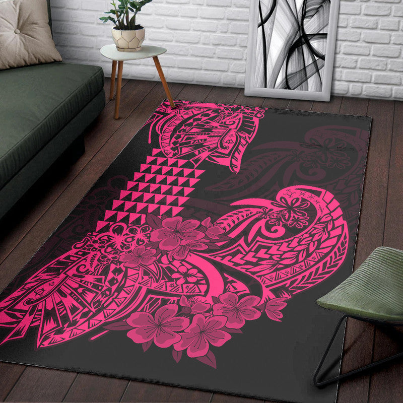 Hawaii Kakau Area Rug Polynesian Floral Tribal Pink Version