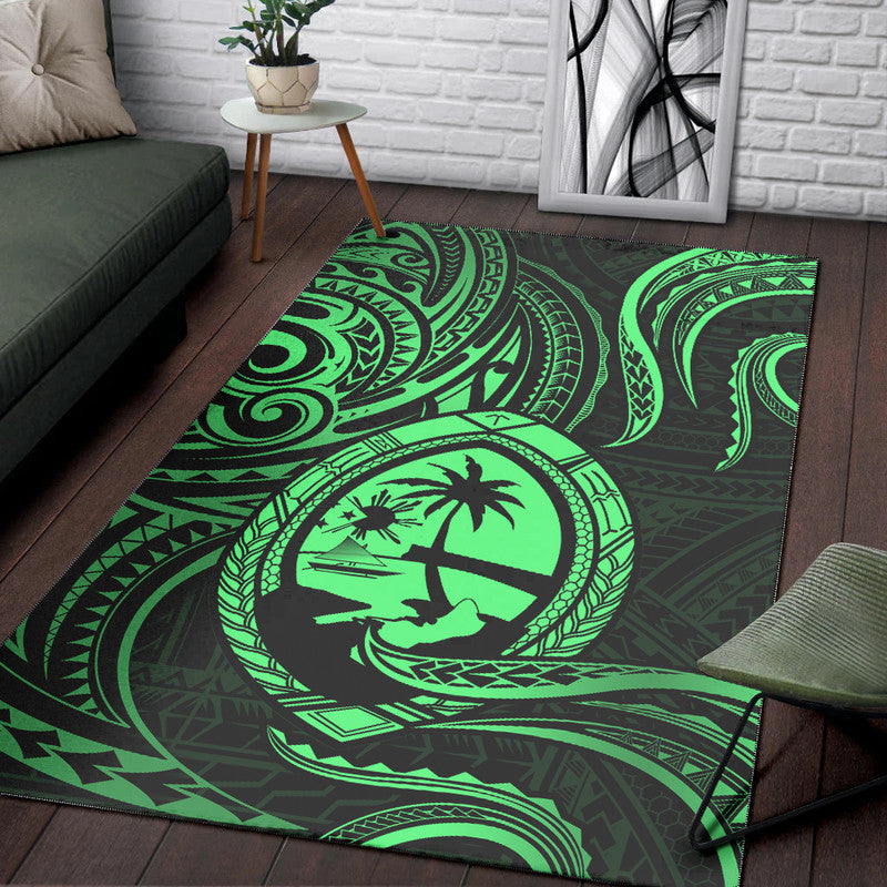 Polynesian Guam With Polynesian Tribal Tattoo and Coat of Arms Area Rug Green Version