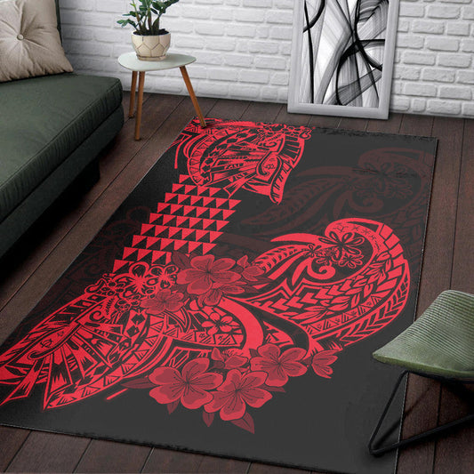Hawaii Kakau Area Rug Polynesian Floral Tribal Red Version