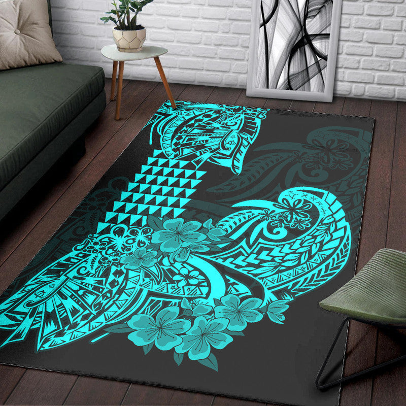 Hawaii Kakau Area Rug Polynesian Floral Tribal Aqua Version