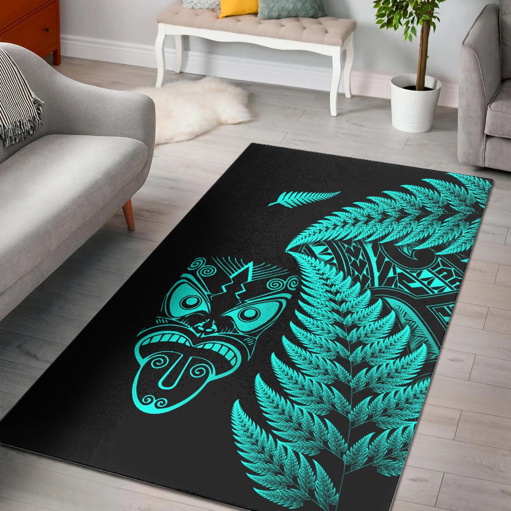 New Zealand Haka Rugby Maori Area Rug Silver Fern Vibes Turquoise