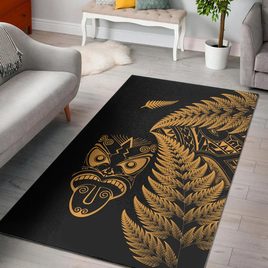 New Zealand Haka Rugby Maori Area Rug Silver Fern Vibes Gold