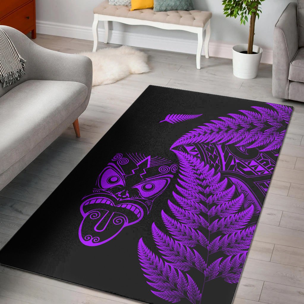 New Zealand Haka Rugby Maori Area Rug Silver Fern Vibes Purple