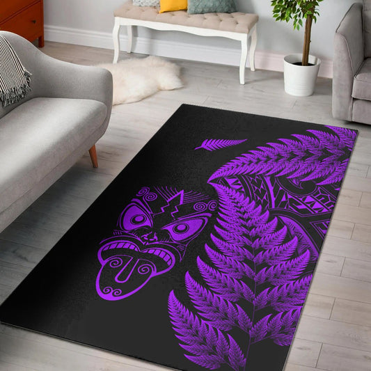 New Zealand Haka Rugby Maori Area Rug Silver Fern Vibes Purple
