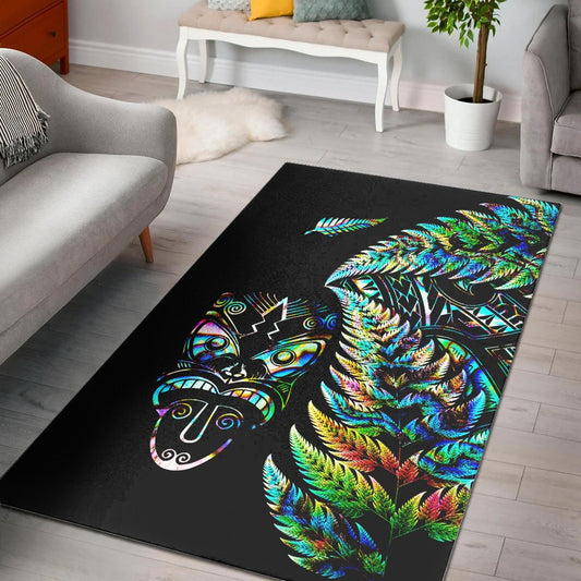 New Zealand Haka Rugby Maori Area Rug Silver Fern Vibes Paua Shell
