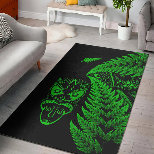 New Zealand Haka Rugby Maori Area Rug Silver Fern Vibes Green