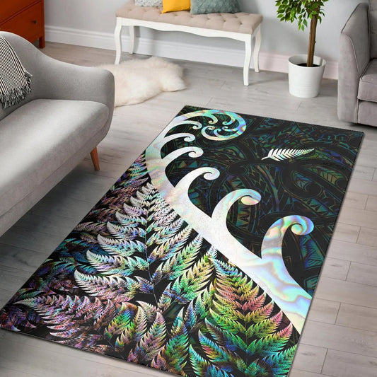 New Zealand Rugby Maori Area Rug Silver Fern Koru Vibes Paua Shell