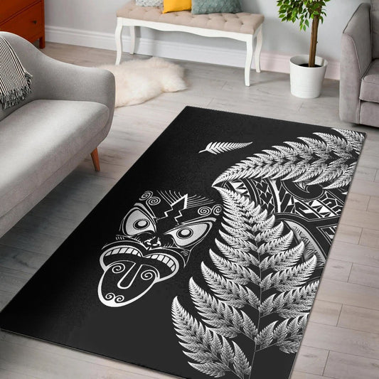 New Zealand Haka Rugby Maori Area Rug Silver Fern Vibes Black