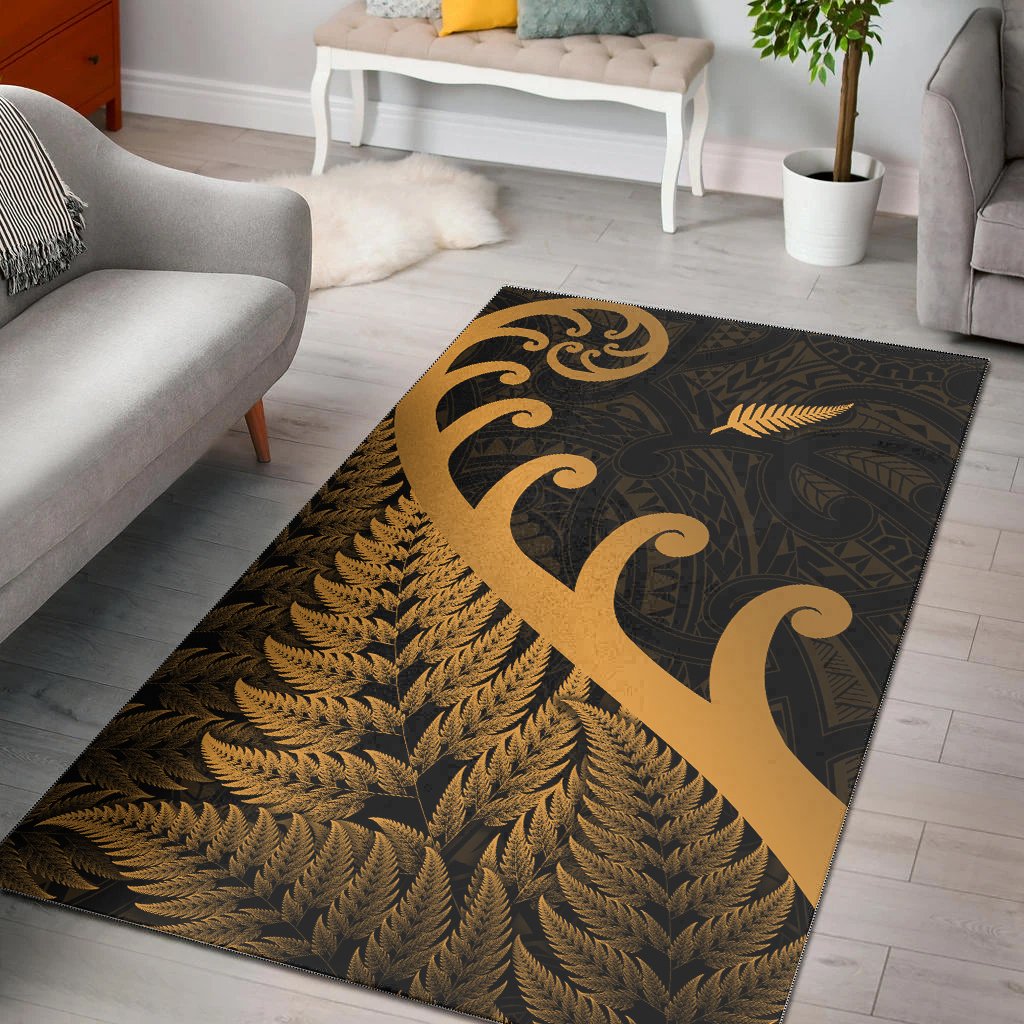 New Zealand Rugby Maori Area Rug Silver Fern Koru Vibes Gold