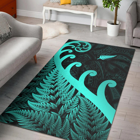 New Zealand Rugby Maori Area Rug Silver Fern Koru Vibes Turquoise
