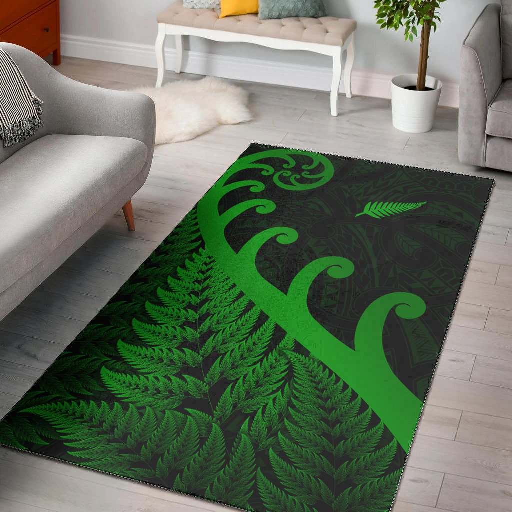New Zealand Rugby Maori Area Rug Silver Fern Koru Vibes Green