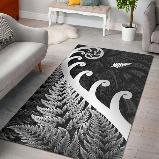 New Zealand Rugby Maori Area Rug Silver Fern Koru Vibes Black
