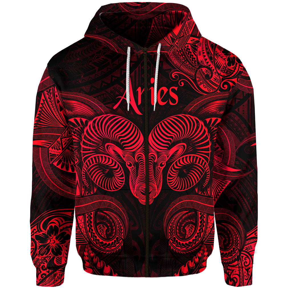 Aries Zodiac Polynesian Zip Hoodie Unique Style Red