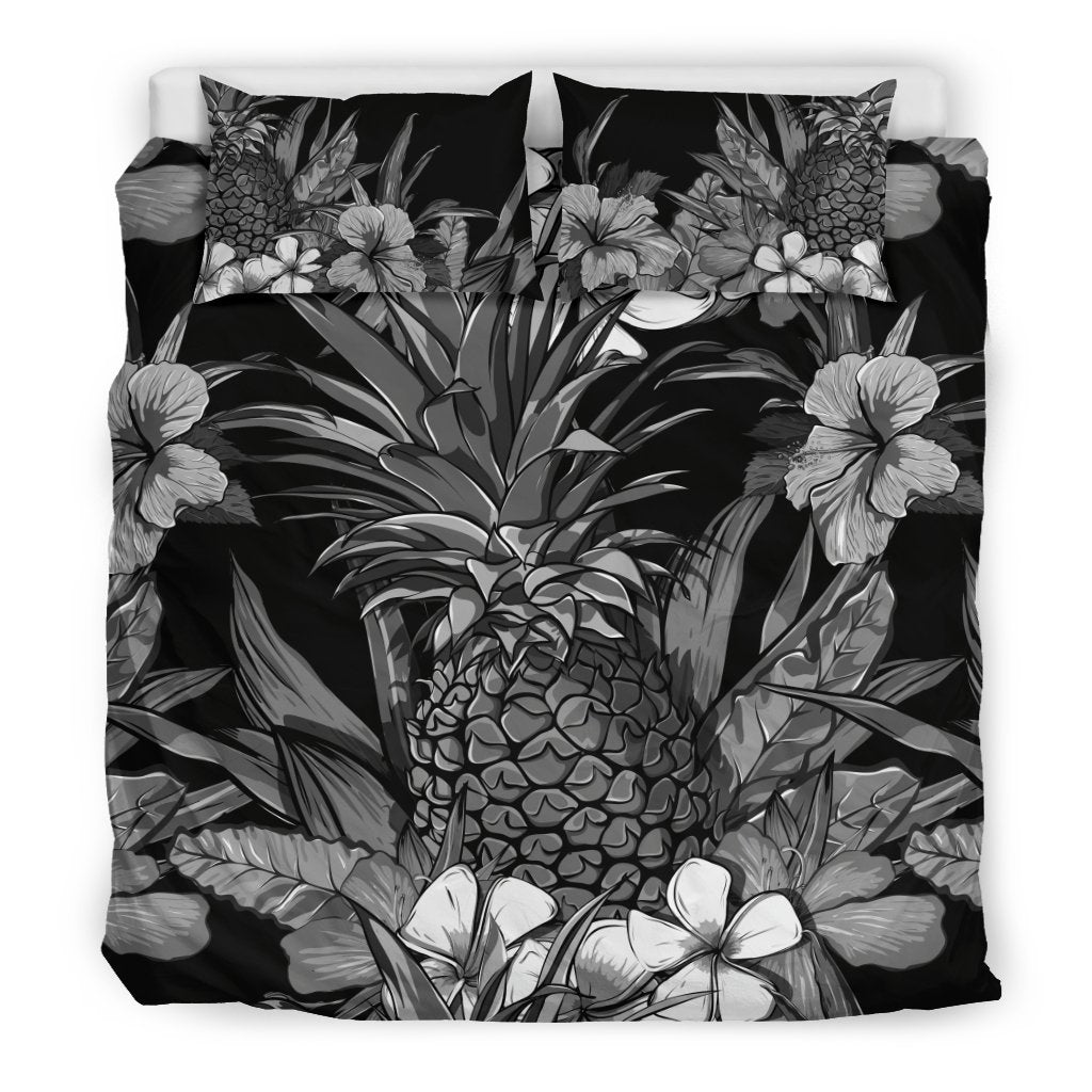 Hawaiian Duvet Cover Set Hibiscus And Pineapple In BW Style