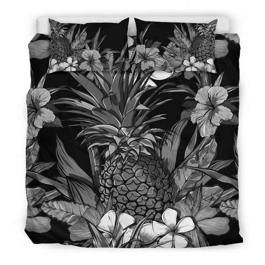 Hawaiian Duvet Cover Set Hibiscus And Pineapple In BW Style