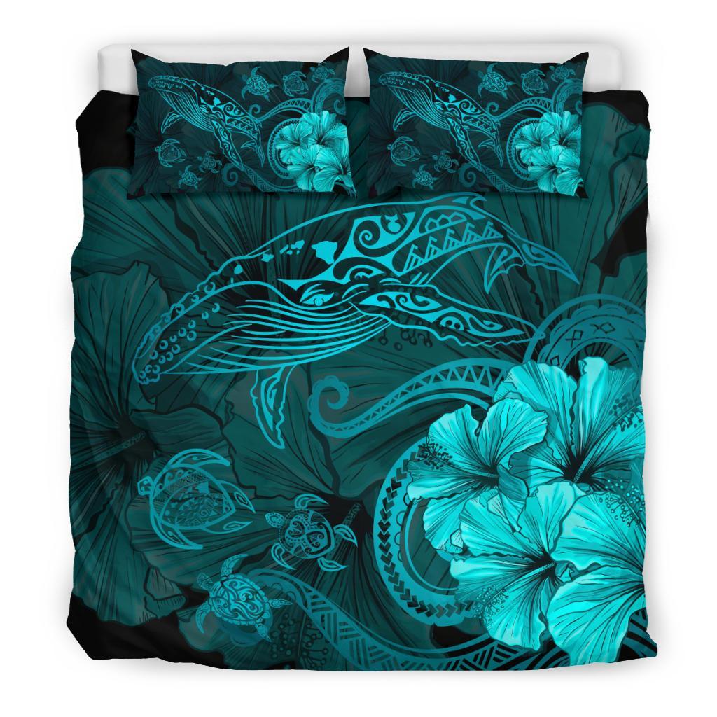 Hawaiian Hibiscus Whale Turtle Dance Polynesian Bedding Set Turquoise