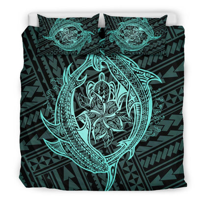 Hawaiian Hammerhead Shark Yin Yang Polynesian Bedding Set Turquoise