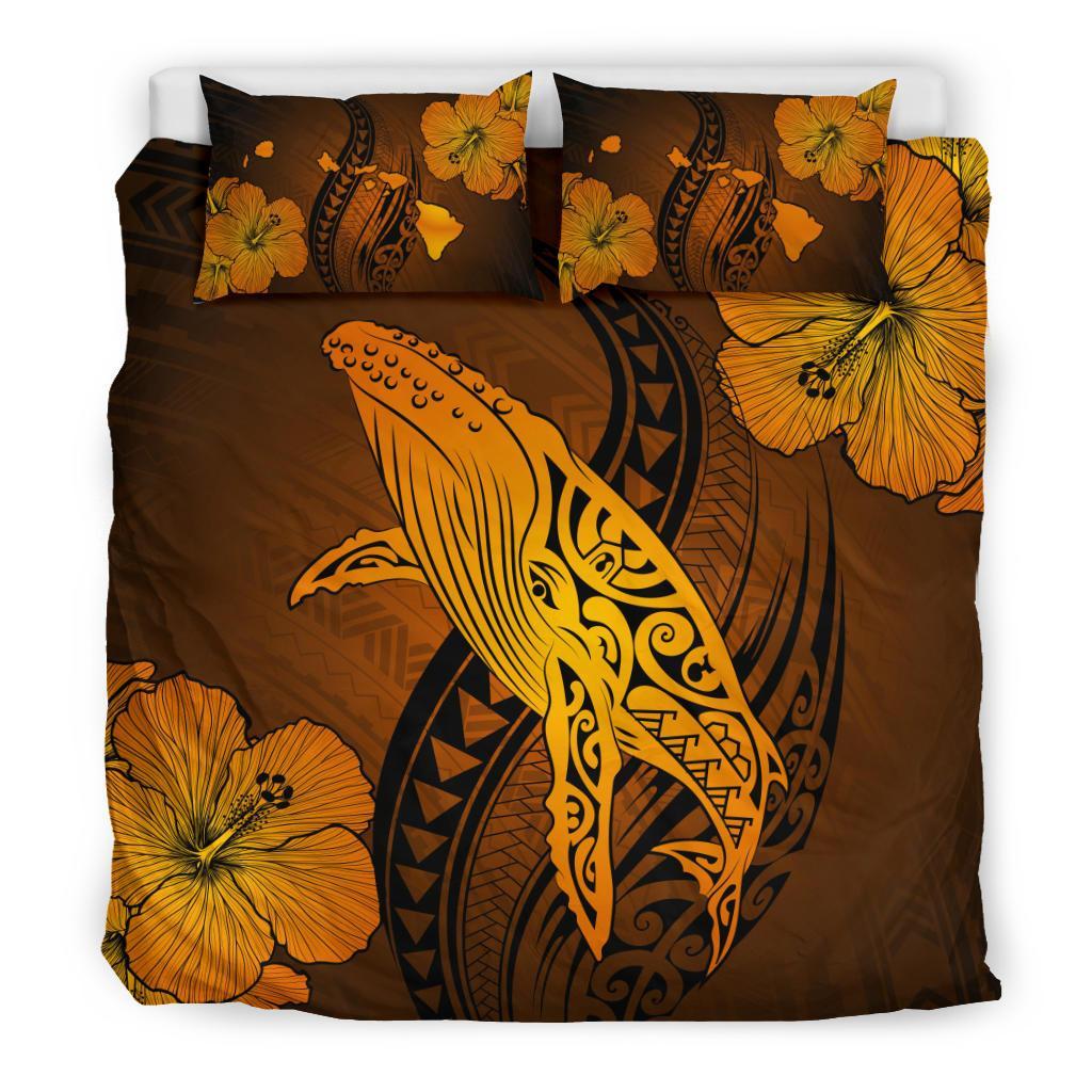 Hawaiian Map Whale Swim Hibiscus Polynesian Bedding Set Orange