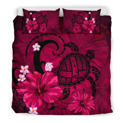 Hawaiian Map Big Turtle Hibiscus Plumeria Tribal Polynesian Bedding Set Pink