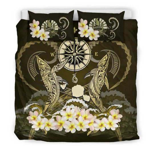 Polynesian Duvet Cover Set Tahiti Bedding Set Shark Polynesia Compass Plumeria Gold