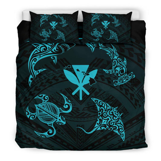 Polynesian Turtle Hammerhead Shark Ray Kanaka Hawaii Bedding Set Circle Blue