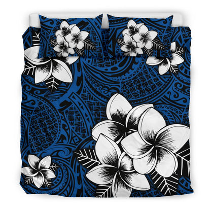 Hawaiian Plumeria Tribal Polynesian Bedding Set Blue