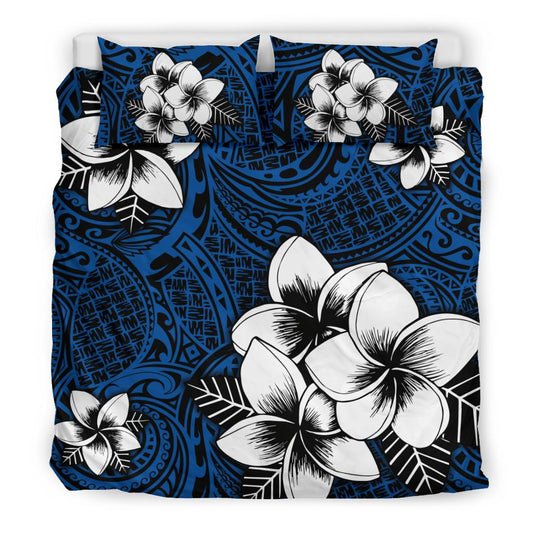 Hawaiian Plumeria Tribal Polynesian Bedding Set Blue