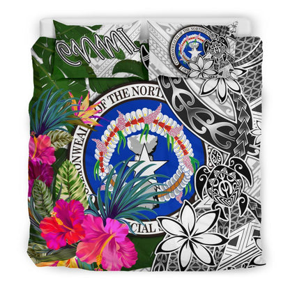 Northern Mariana Islands Bedding Set White Turtle Plumeria Banana Leaf