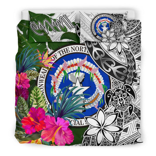 Northern Mariana Islands Bedding Set White Turtle Plumeria Banana Leaf