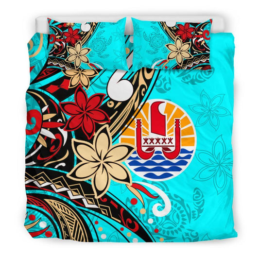 Tahiti Bedding Set Tribal Flower With Special Turtles Blue Color