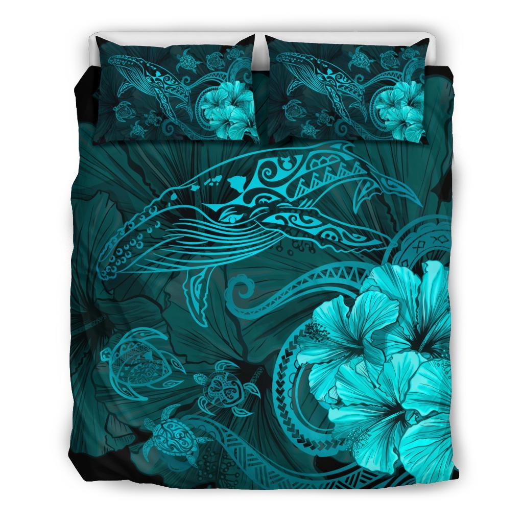 Hawaiian Hibiscus Whale Turtle Dance Polynesian Bedding Set Turquoise