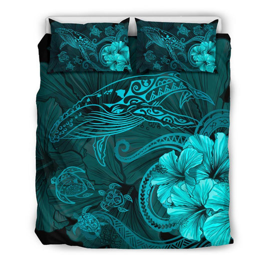 Hawaiian Hibiscus Whale Turtle Dance Polynesian Bedding Set Turquoise