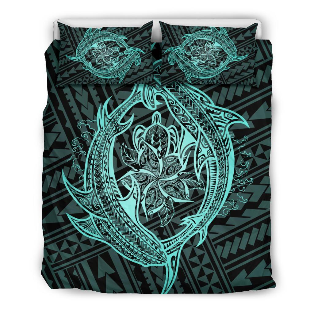 Hawaiian Hammerhead Shark Yin Yang Polynesian Bedding Set Turquoise