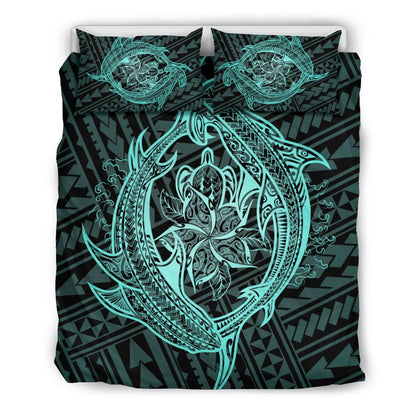 Hawaiian Hammerhead Shark Yin Yang Polynesian Bedding Set Turquoise