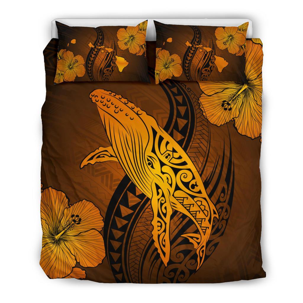 Hawaiian Map Whale Swim Hibiscus Polynesian Bedding Set Orange
