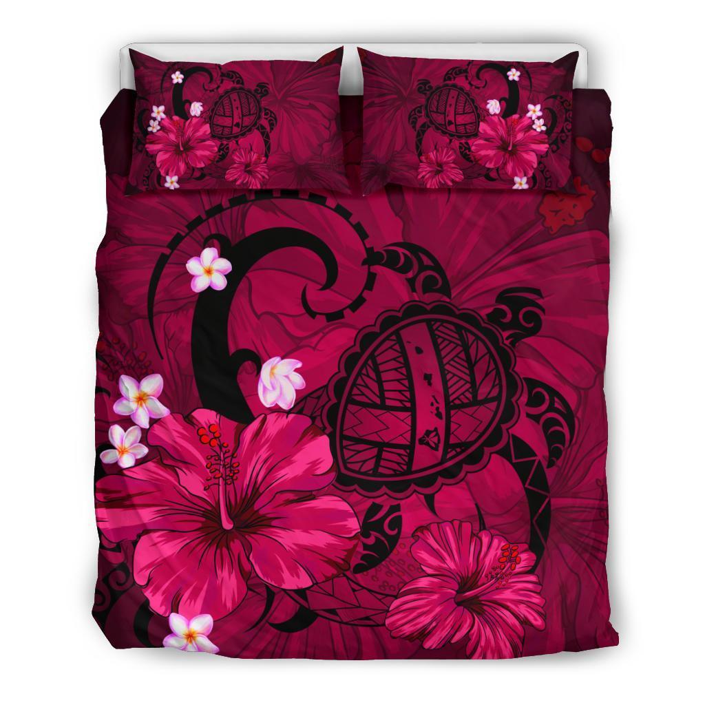 Hawaiian Map Big Turtle Hibiscus Plumeria Tribal Polynesian Bedding Set Pink