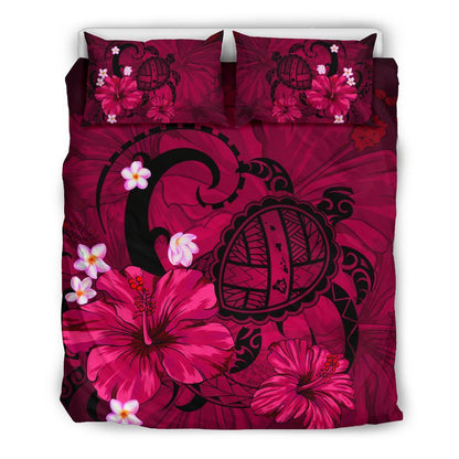 Hawaiian Map Big Turtle Hibiscus Plumeria Tribal Polynesian Bedding Set Pink