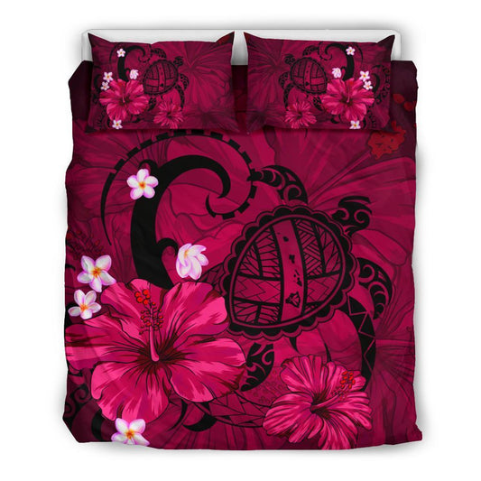 Hawaiian Map Big Turtle Hibiscus Plumeria Tribal Polynesian Bedding Set Pink