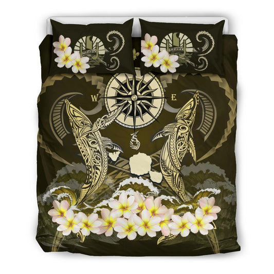 Polynesian Duvet Cover Set Tahiti Bedding Set Shark Polynesia Compass Plumeria Gold
