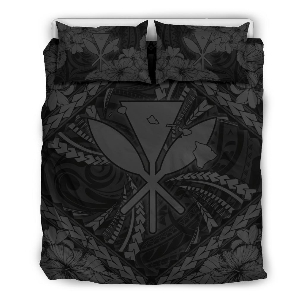 Hawaiian Map Kanaka Hibiscus Gray Polynesian Bedding Set
