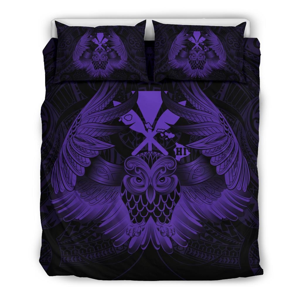 Hawaiian Map Owl Kanaka Bedding Set Pueo Aumakua Purple