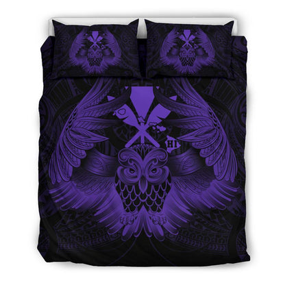 Hawaiian Map Owl Kanaka Bedding Set Pueo Aumakua Purple