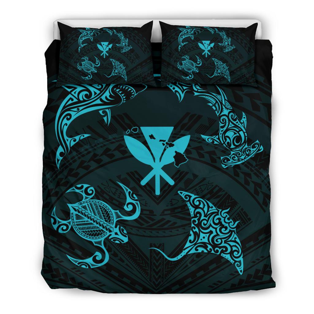 Polynesian Turtle Hammerhead Shark Ray Kanaka Hawaii Bedding Set Circle Blue