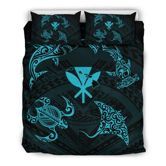 Polynesian Turtle Hammerhead Shark Ray Kanaka Hawaii Bedding Set Circle Blue