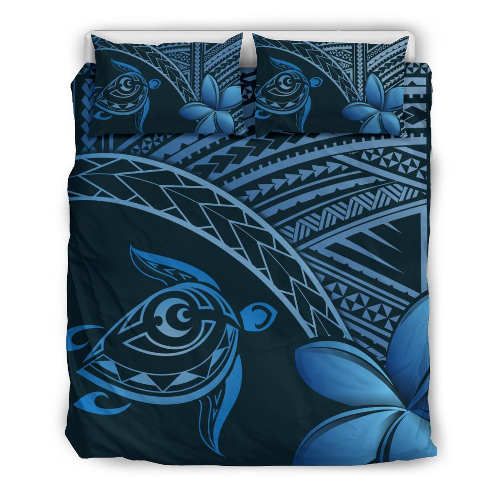 Hawaiian Turtle Plumeria Polynesian Bedding Set Neo Blue