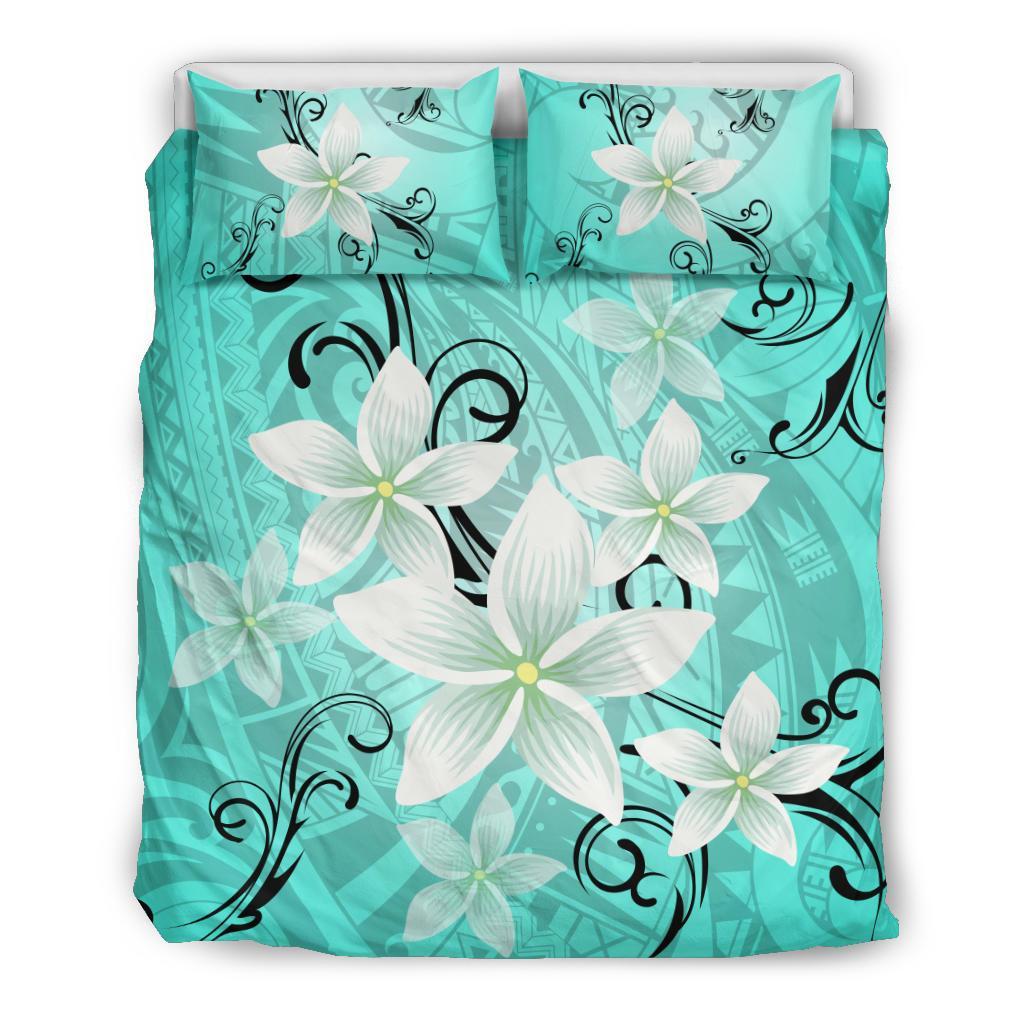 Hawaiian Plumeria Polynesian Bedding Set Turquoise