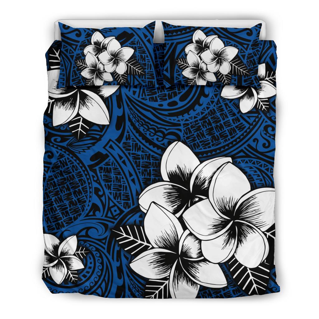 Hawaiian Plumeria Tribal Polynesian Bedding Set Blue