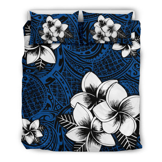 Hawaiian Plumeria Tribal Polynesian Bedding Set Blue