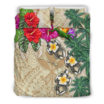 Kanaka Maoli (Hawaii) Bedding Set Hibiscus Turtle Tattoo Beige